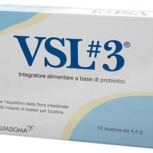 Confezione di VSL#3 10 bustine a base di 8 ceppi di batteri lattici e bifidobatteri vivi.