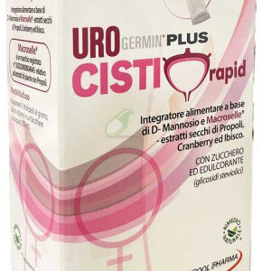 Confezione di Urogermin Cisti Plus Rapid a base di D-Mannosio, mirtillo rosso e Macroselle in stickpack.